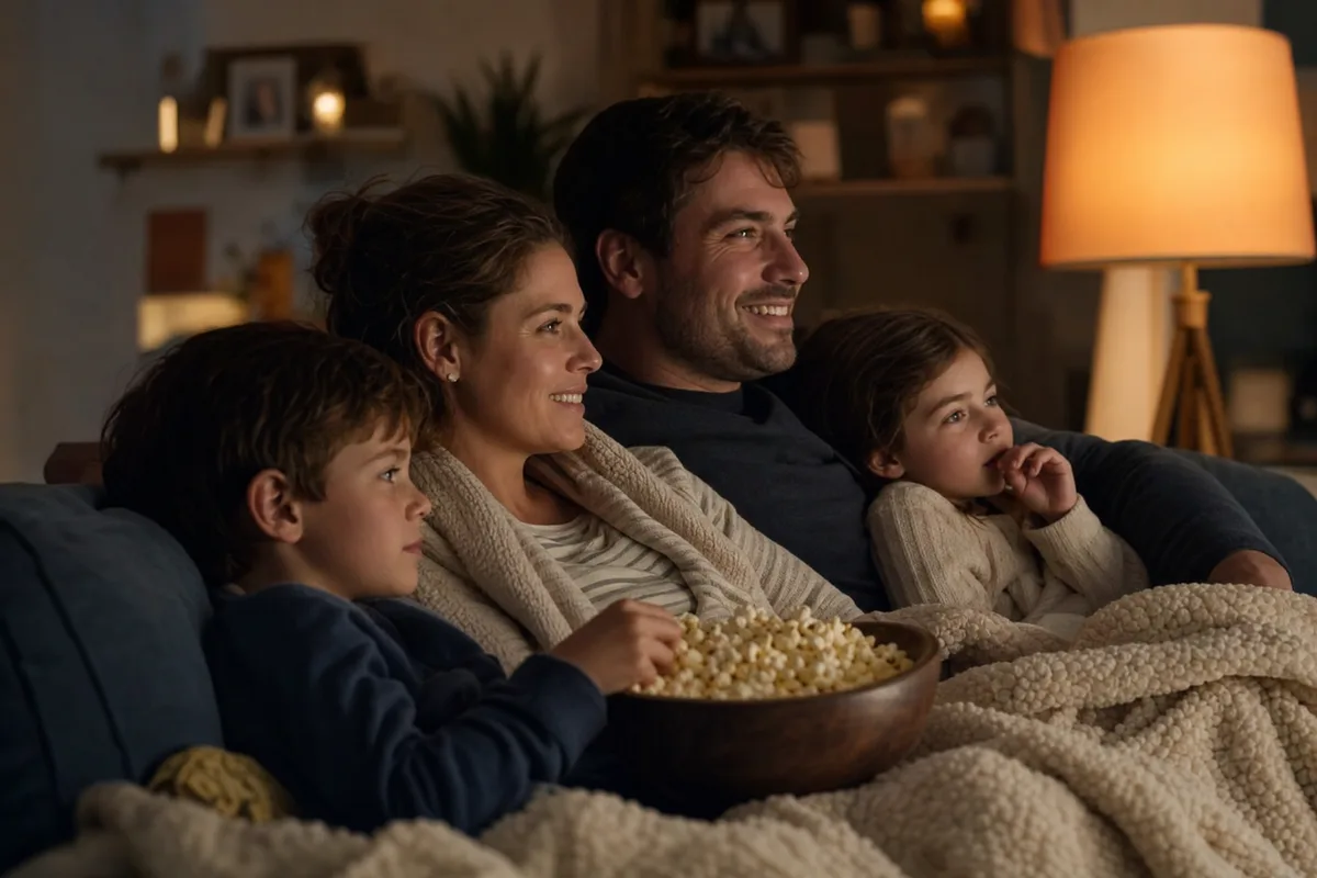 Familie macht es sich mit Decke und Snacks für den Filmabend vor dem Fernseher gemütlich