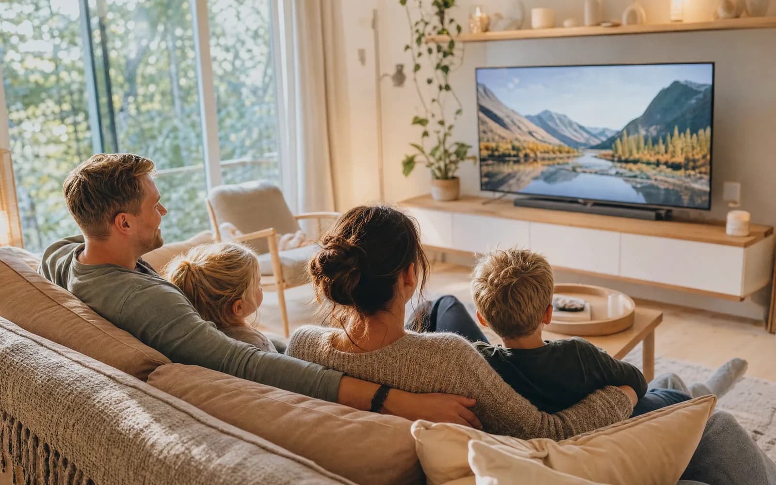 Familie sitzt gemütlich auf dem Sofa im hellen Wohnzimmer und schaut gemeinsam fern