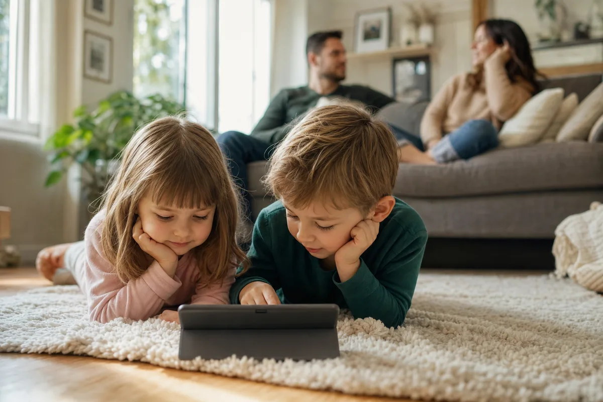 Zwei Kinder schauen auf einem Tablet eine Kindersendung, Eltern entspannt im Hintergrund