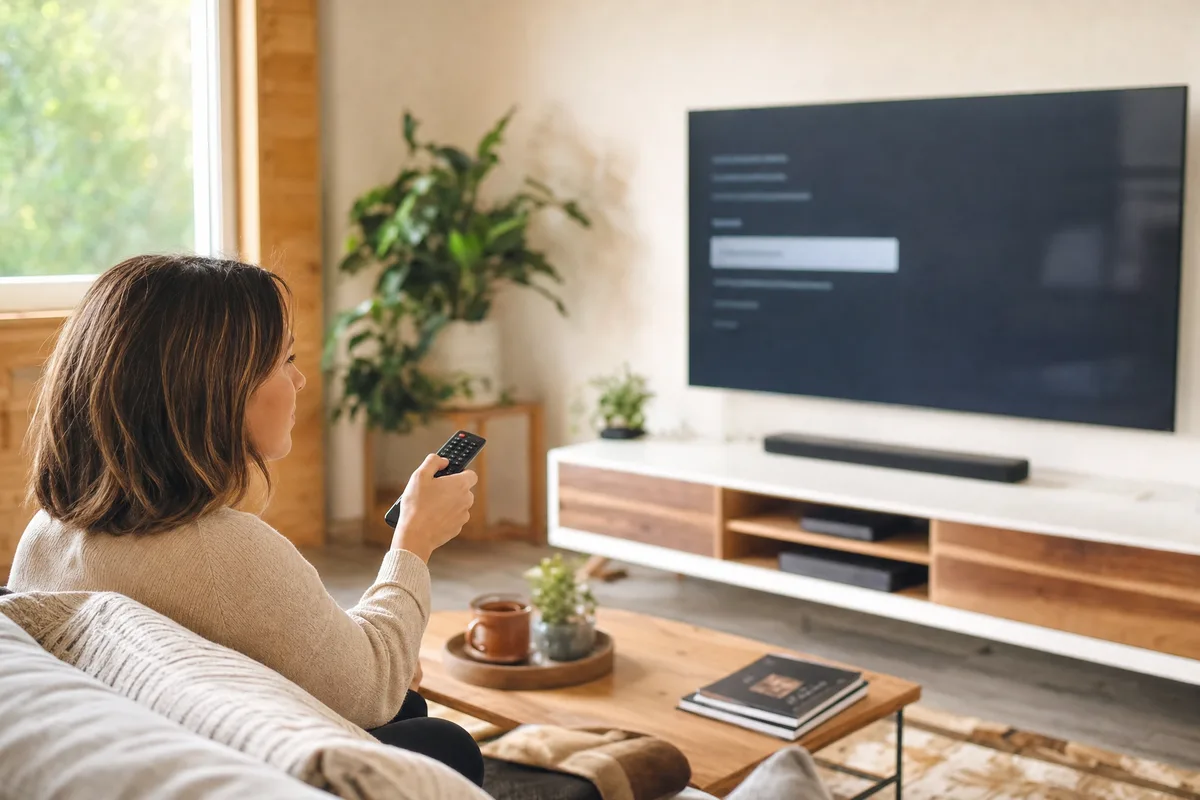 Person richtet entspannt eine TV-App auf dem Smart-TV mit der Fernbedienung ein
